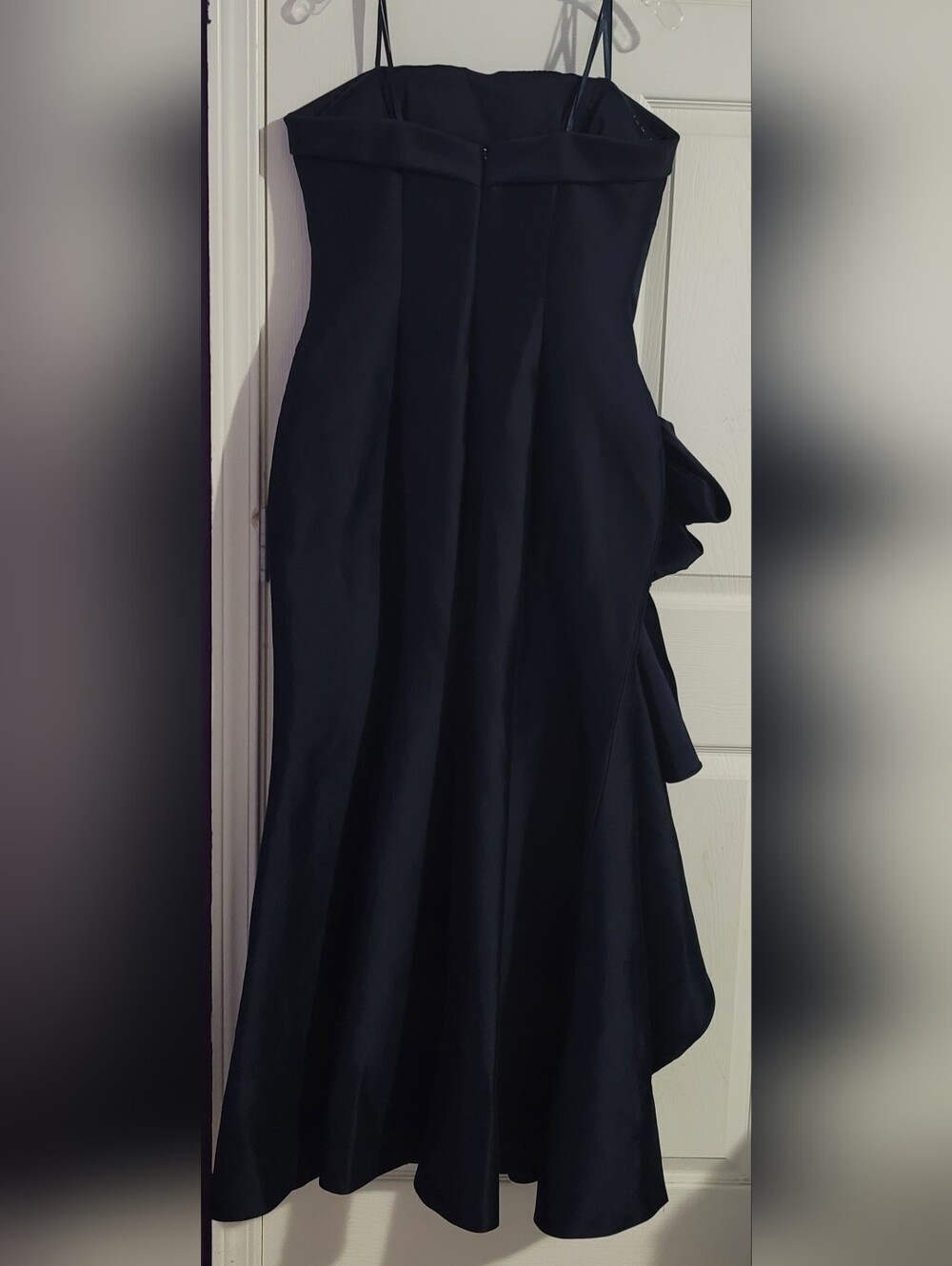 Aqua Strapless Navy Satin Gown with Side Bow Detail - Picture 5 of 6